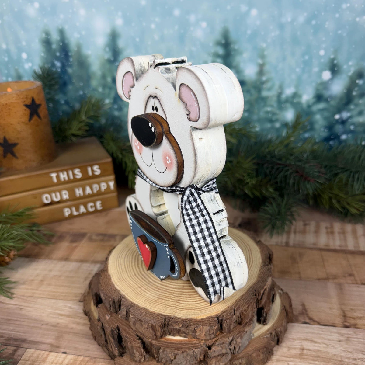 Interchangeable Polar Bear Shelf Sitter, Wooden Winter Bear, Magnetic Seasonal Decor, Christmas Bear