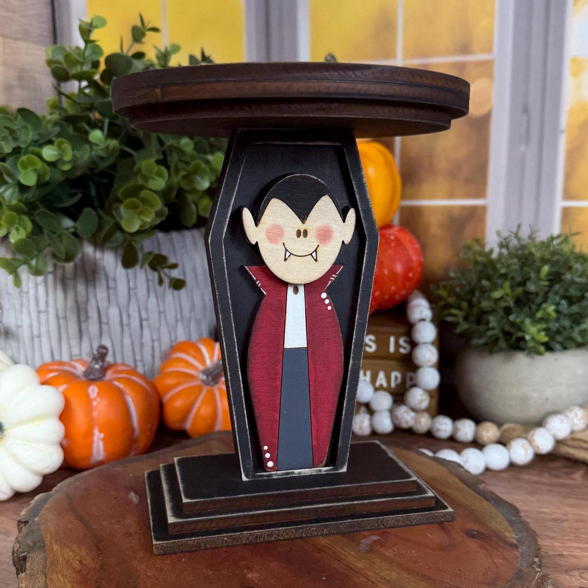 Vampire Candle Holder, Wood Halloween Candle Holder, Dracula Decor, Gothic Mantel Decor