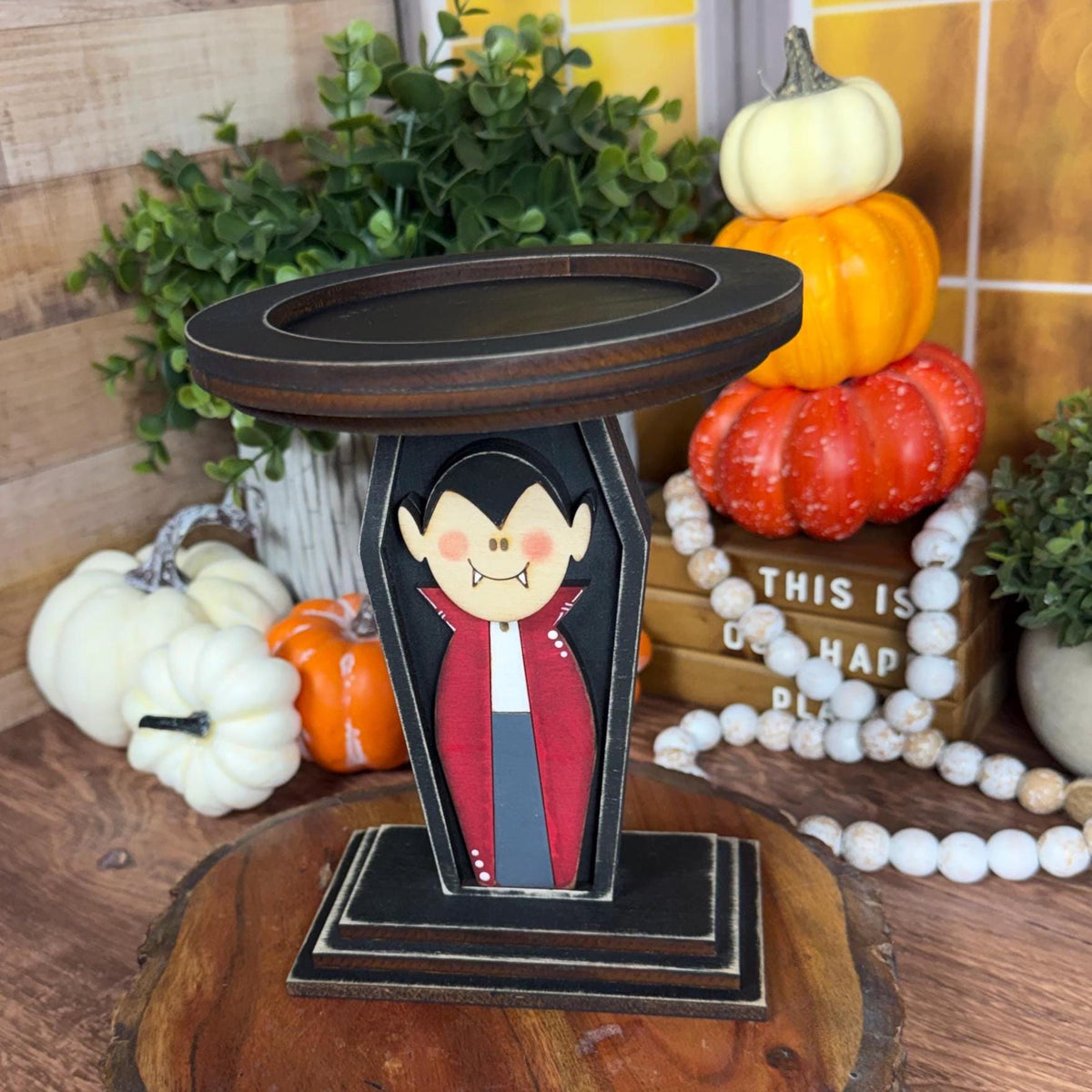 Vampire Candle Holder, Wood Halloween Candle Holder, Dracula Decor, Gothic Mantel Decor