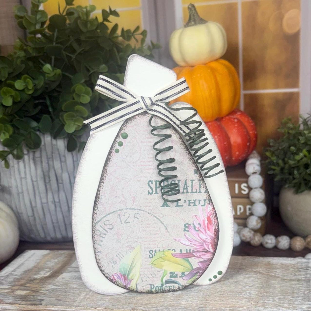 Vintage Floral Wooden Pumpkins - Handmade Fall Shelf Decor