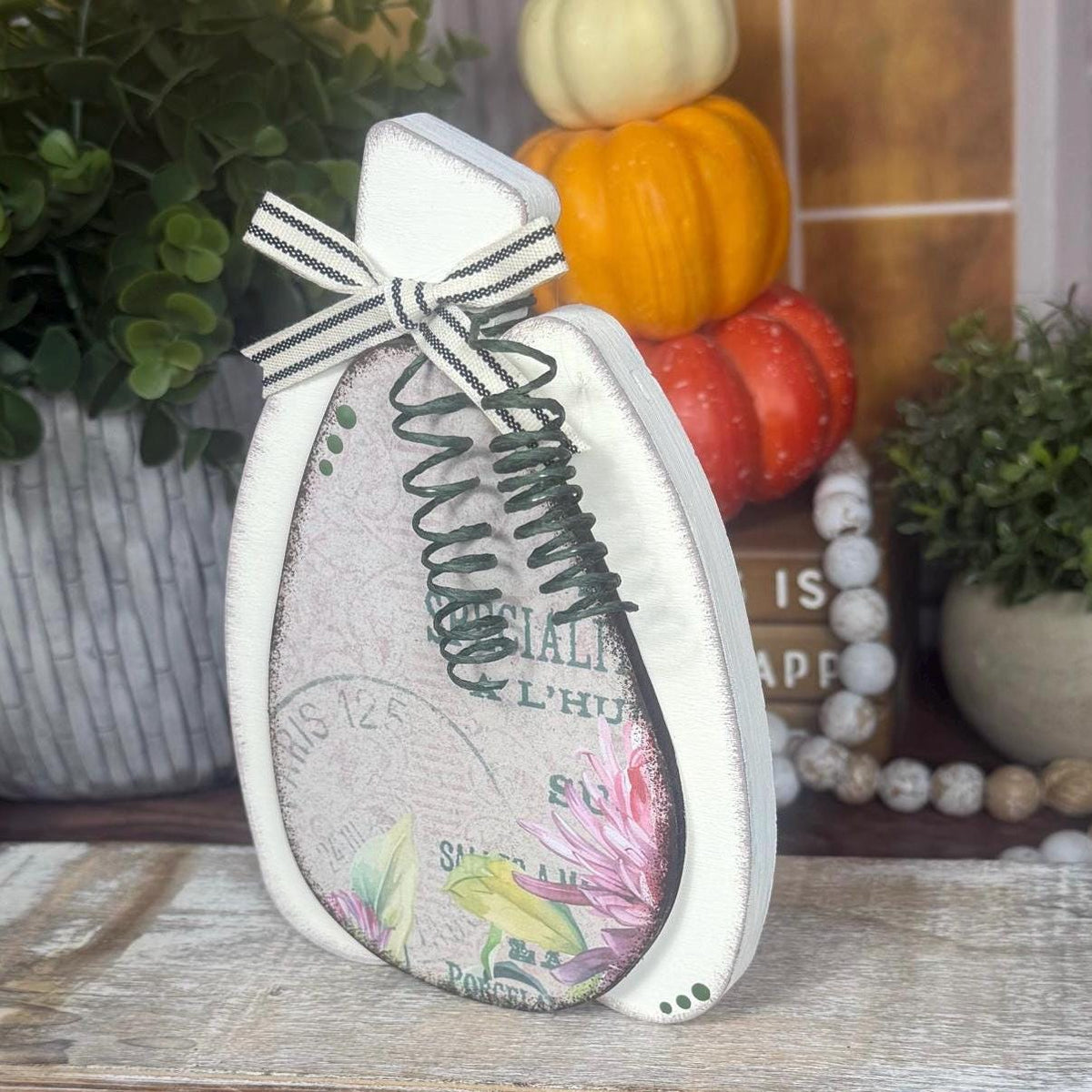 Vintage Floral Wooden Pumpkins - Handmade Fall Shelf Decor
