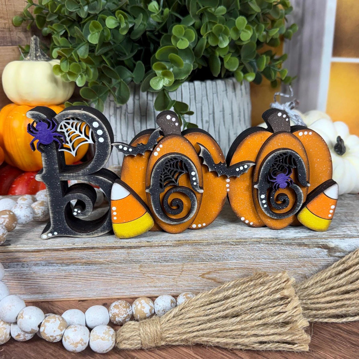 Whimsical Halloween Boo Chunky Shelf Decor with Pumpkins and Candy Corn - Farmhouse Chic Style