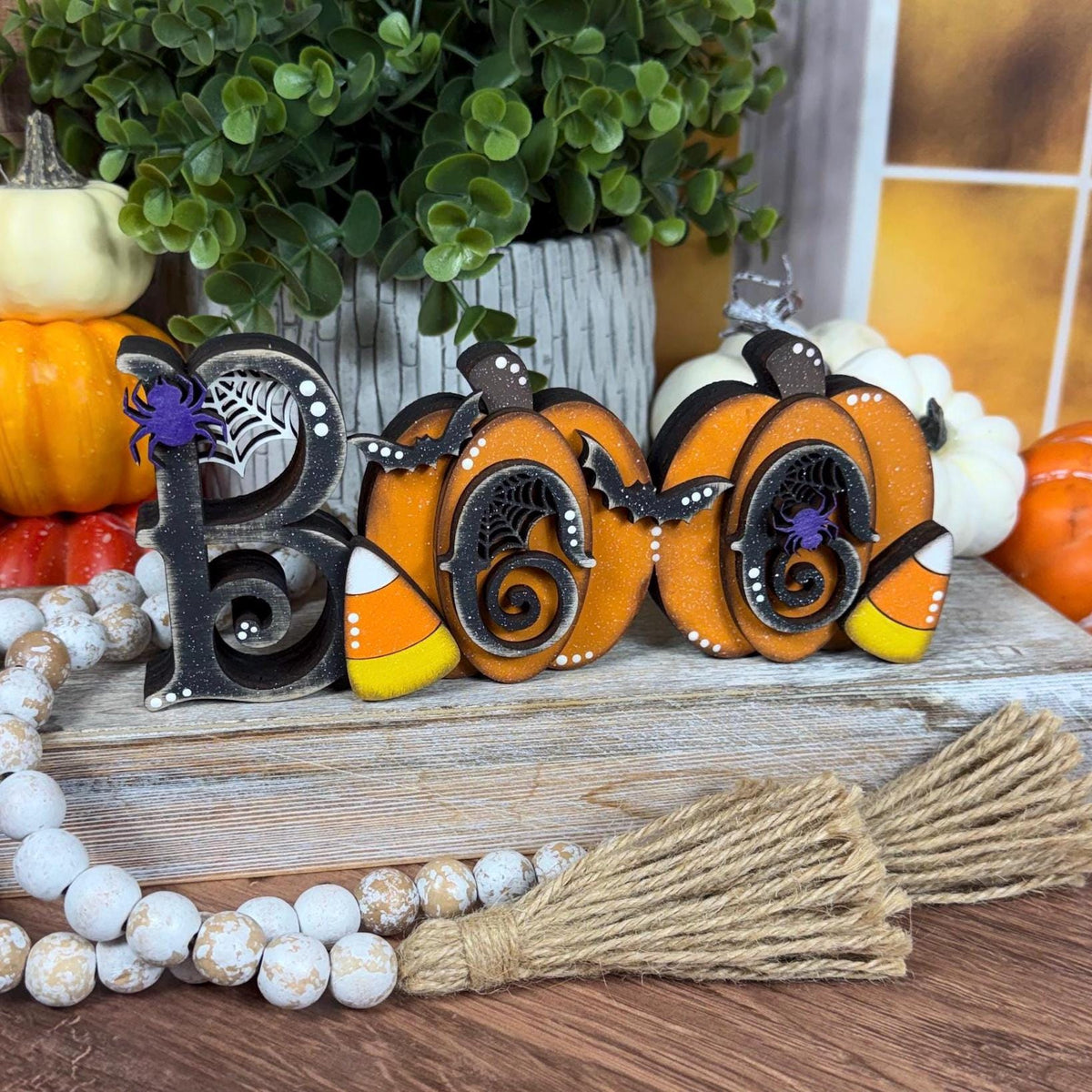 Whimsical Halloween Boo Chunky Shelf Decor with Pumpkins and Candy Corn - Farmhouse Chic Style