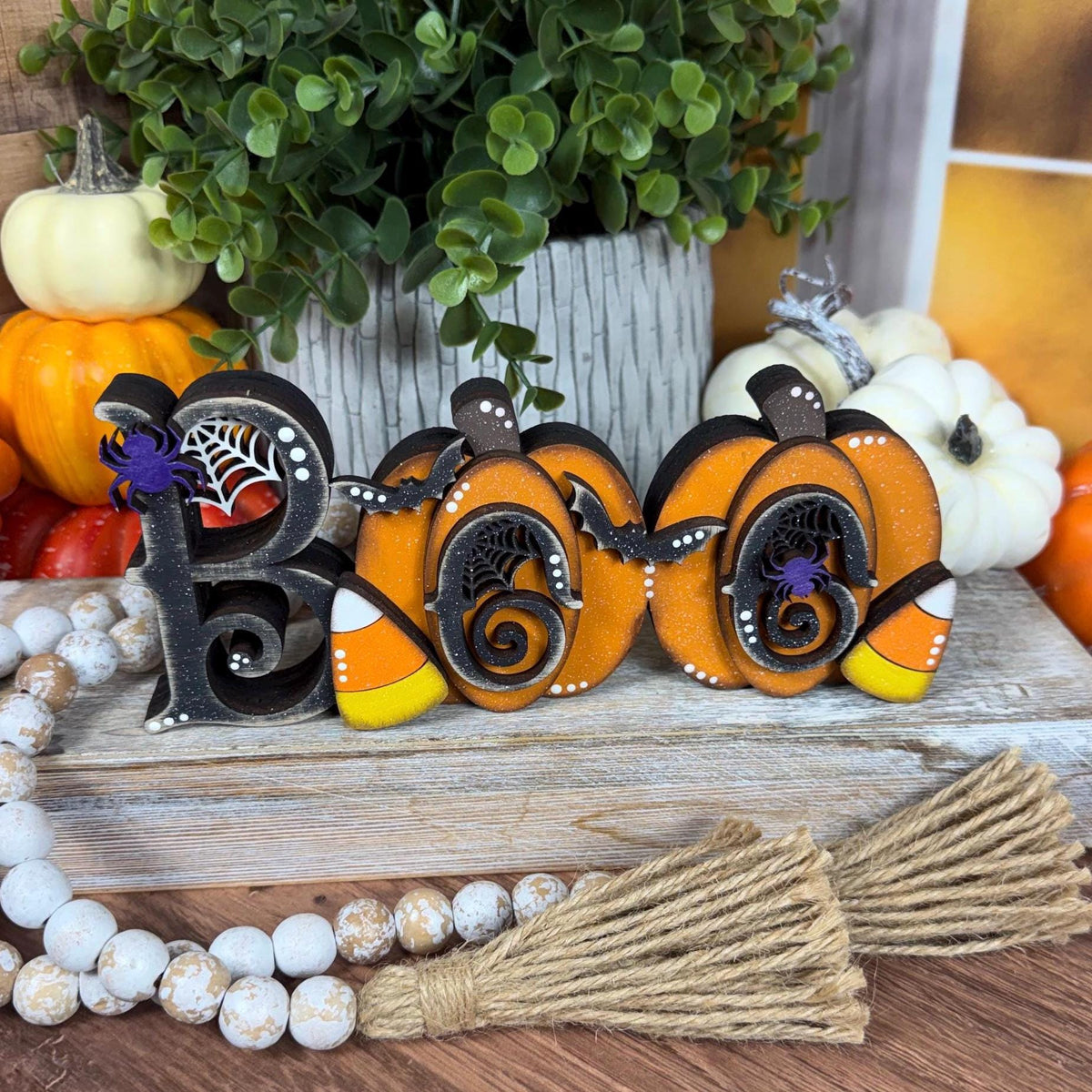 Whimsical Halloween Boo Chunky Shelf Decor with Pumpkins and Candy Corn - Farmhouse Chic Style