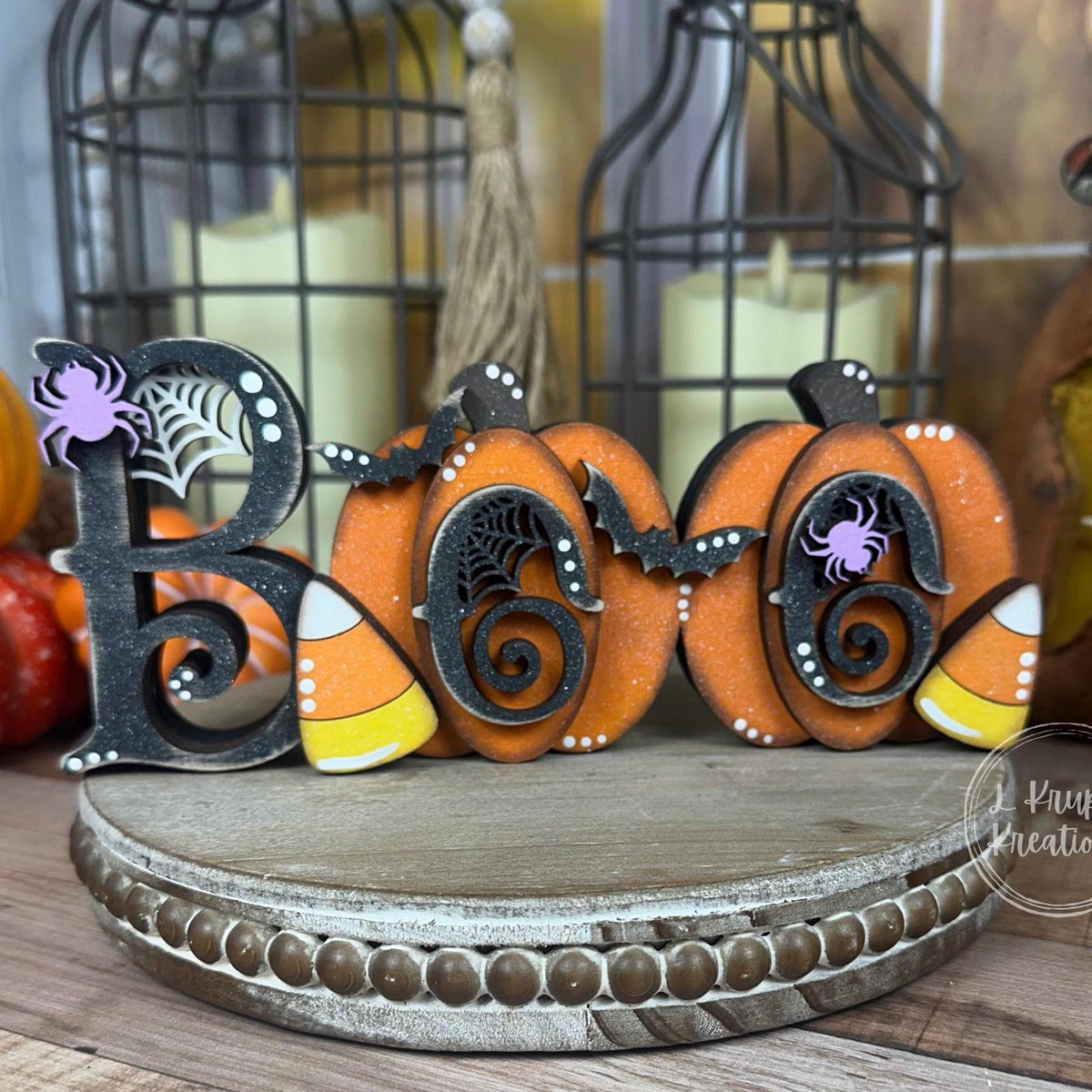 Whimsical Halloween Boo Chunky Shelf Decor with Pumpkins and Candy Corn - Farmhouse Chic Style