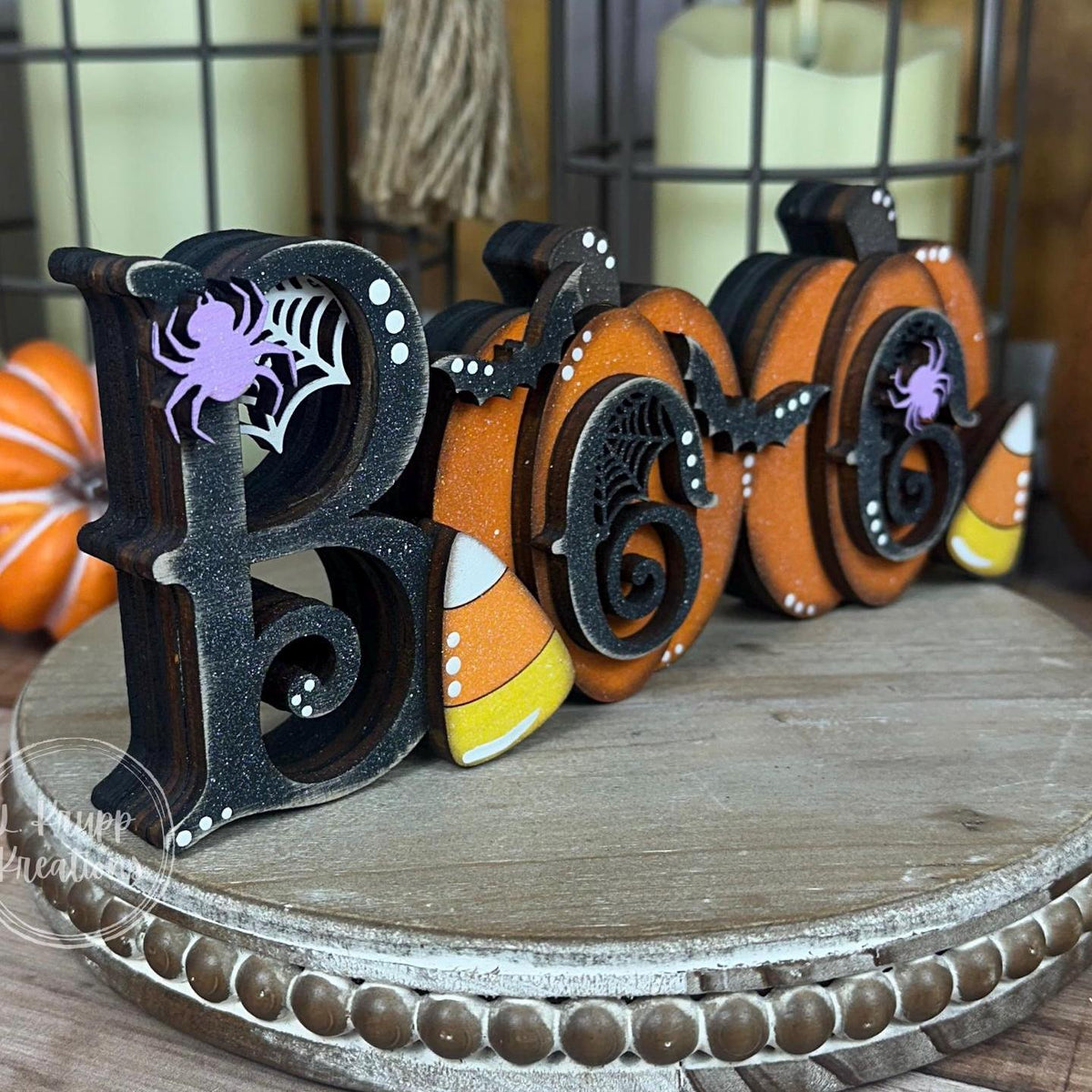 Whimsical Halloween Boo Chunky Shelf Decor with Pumpkins and Candy Corn - Farmhouse Chic Style