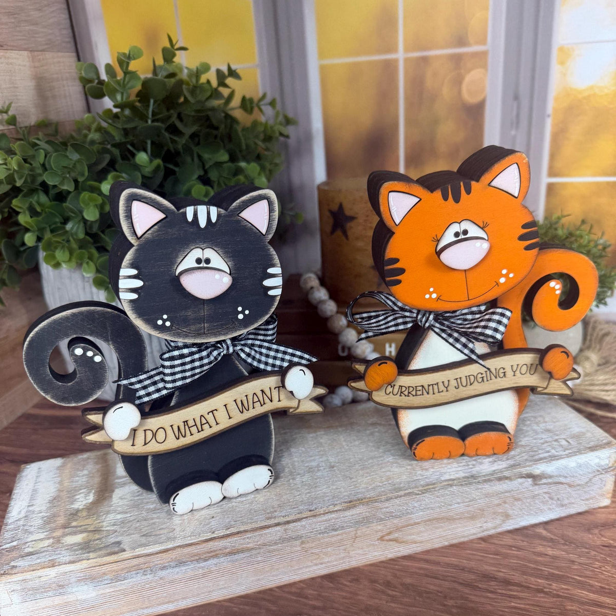 Cat Lover Gift, Personalized Wooden Shelf Sitter, Interchangeable Funny Home Decor, Black or Orange Cat Gift