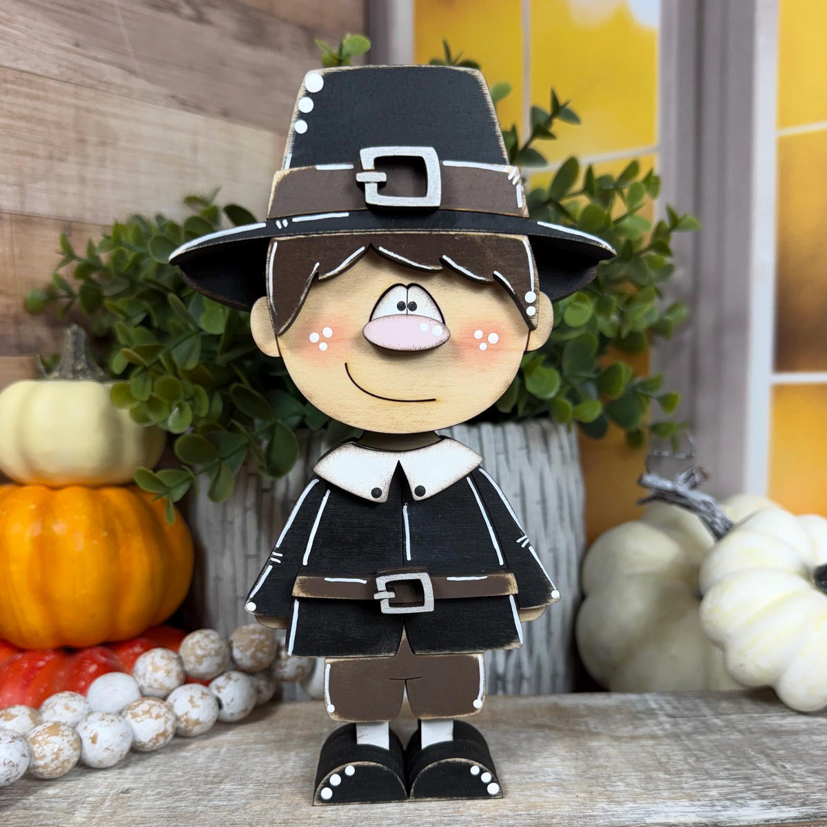 Wooden Pilgrim Couple Shelf Sitters, Rustic Fall Thanksgiving Decor