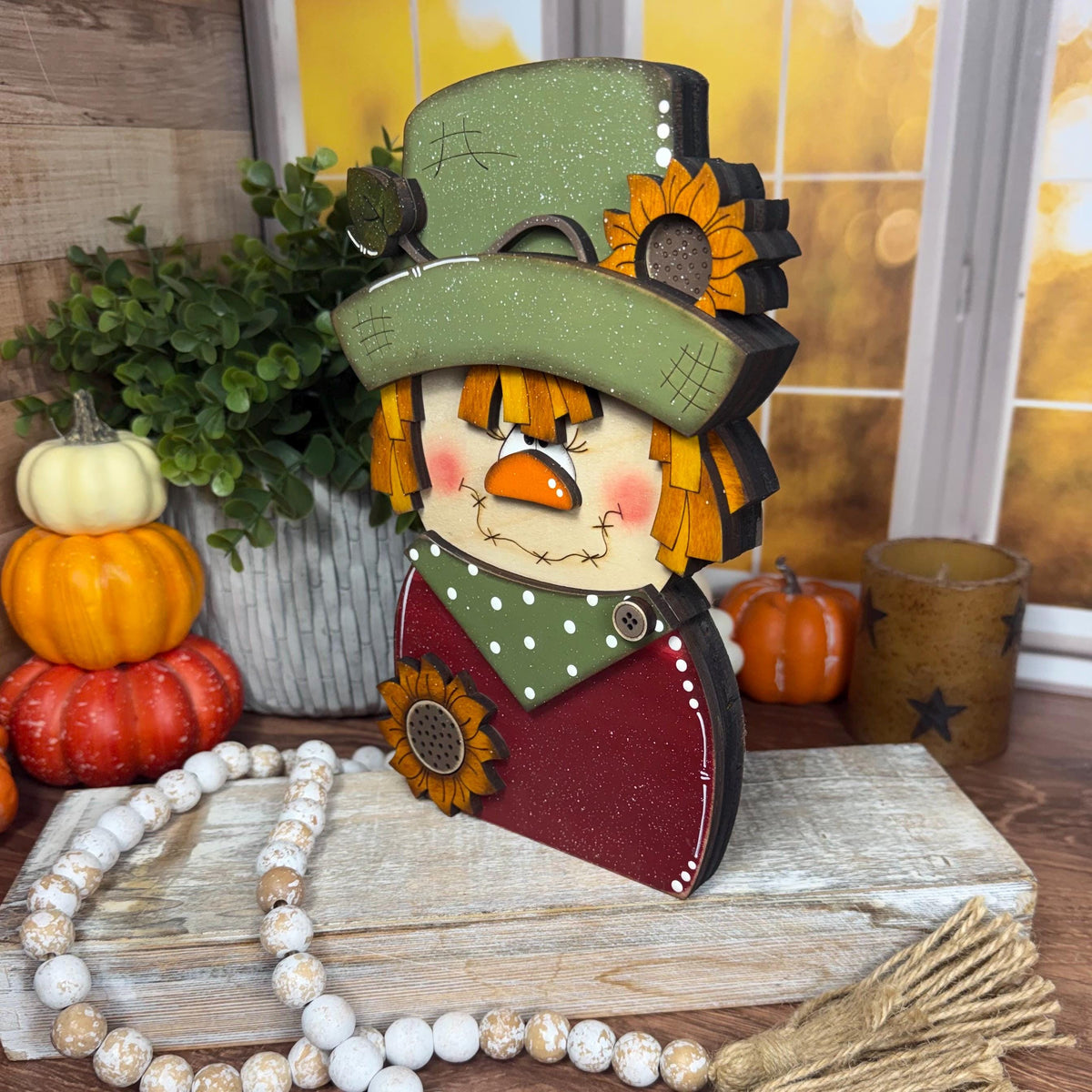 Charming Chunky Wooden Girl Scarecrow Shelf Sitter for Fall Farmhouse Vibes