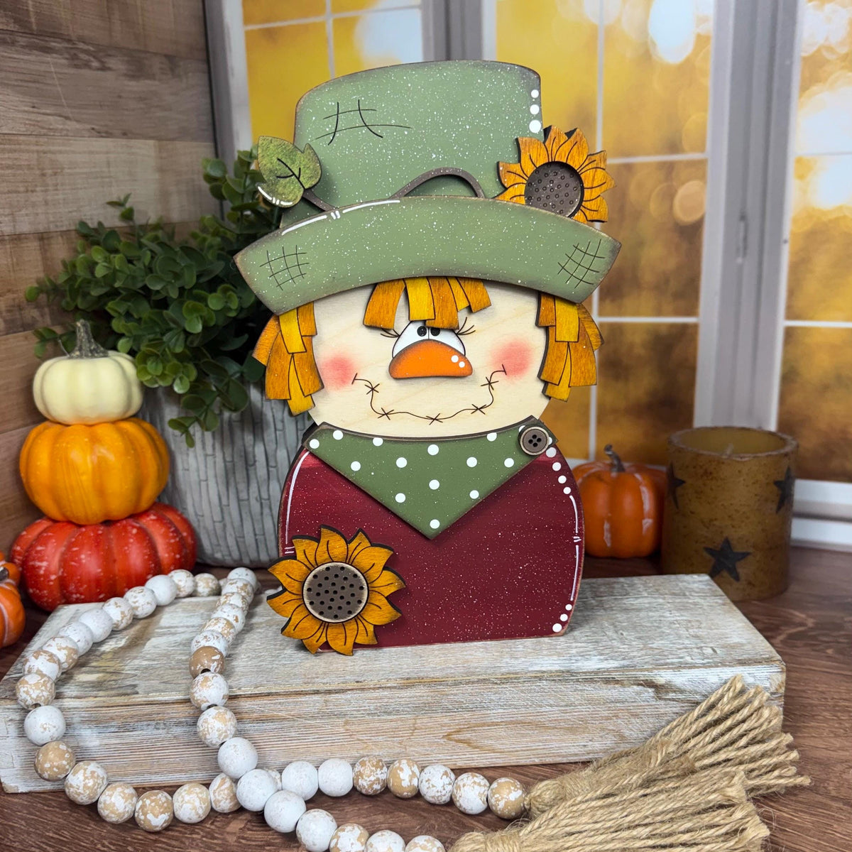 Charming Chunky Wooden Girl Scarecrow Shelf Sitter for Fall Farmhouse Vibes