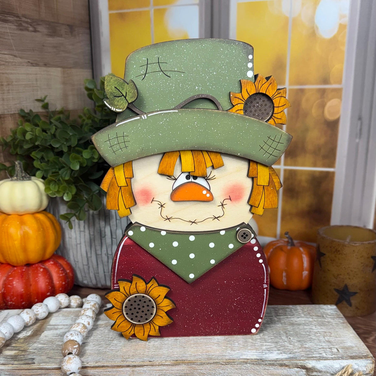 Charming Chunky Wooden Girl Scarecrow Shelf Sitter for Fall Farmhouse Vibes