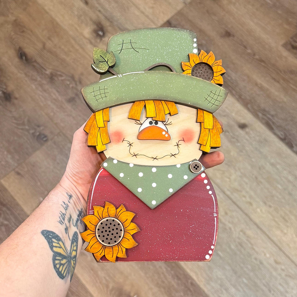 Charming Chunky Wooden Girl Scarecrow Shelf Sitter for Fall Farmhouse Vibes