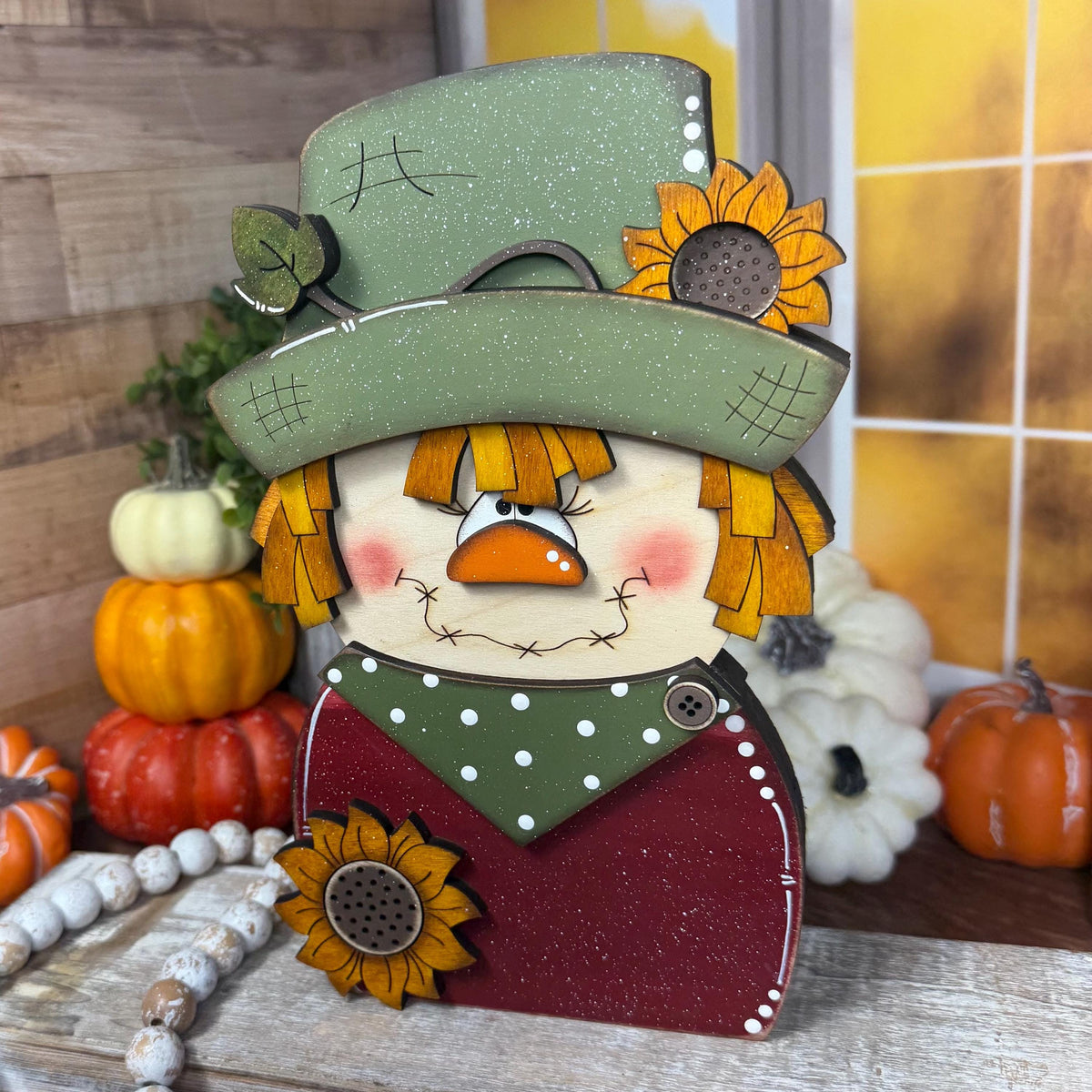 Charming Chunky Wooden Girl Scarecrow Shelf Sitter for Fall Farmhouse Vibes