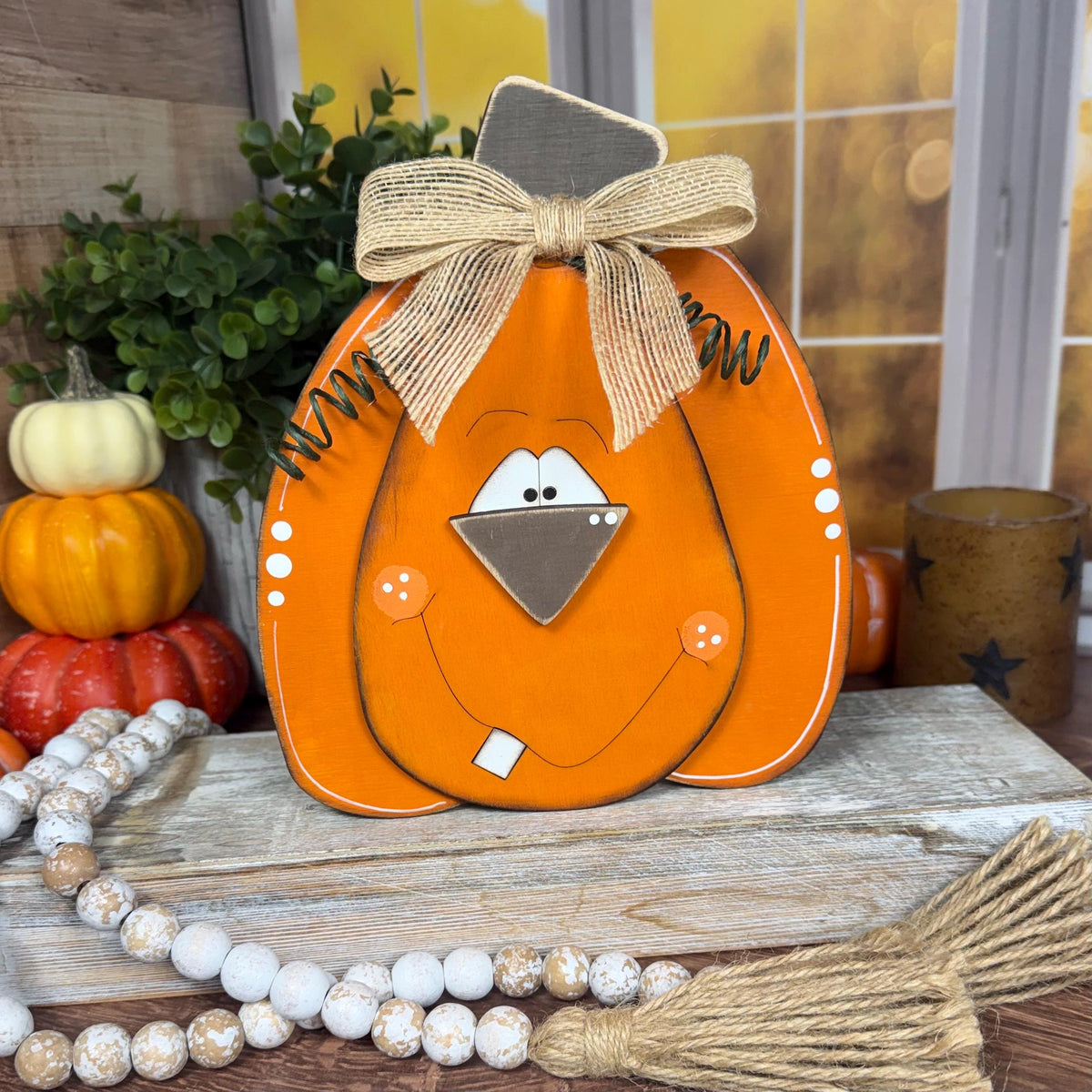 Hand-Painted Wooden Pumpkins with Faces – Rustic Fall Shelf Decor