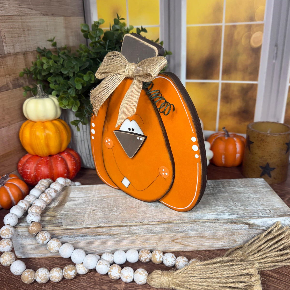 Hand-Painted Wooden Pumpkins with Faces – Rustic Fall Shelf Decor