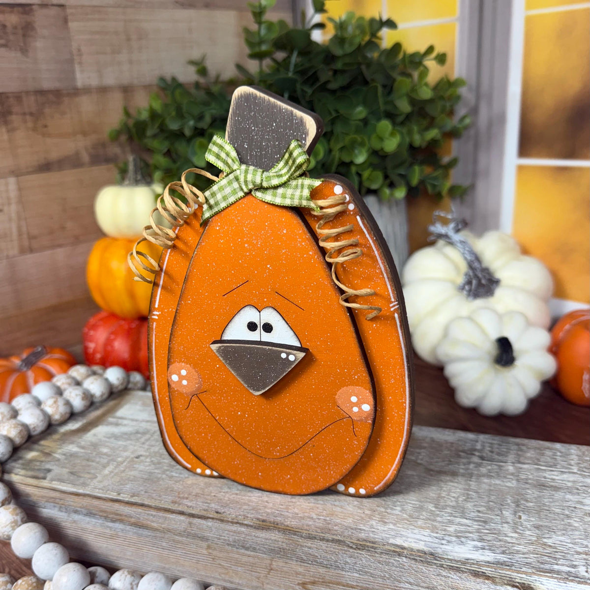 Hand-Painted Wooden Pumpkins with Faces – Rustic Fall Shelf Decor
