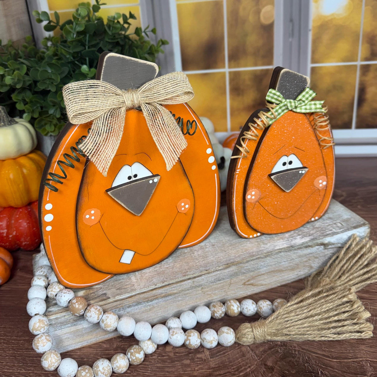 Hand-Painted Wooden Pumpkins with Faces – Rustic Fall Shelf Decor