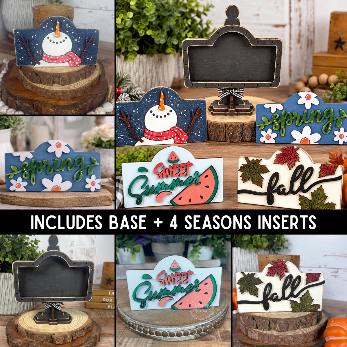 Interchangeable Seasonal Sign Starter Set, Wood Shelf Decor, Spring Summer Fall Winter Inserts, Tiered Tray Decor
