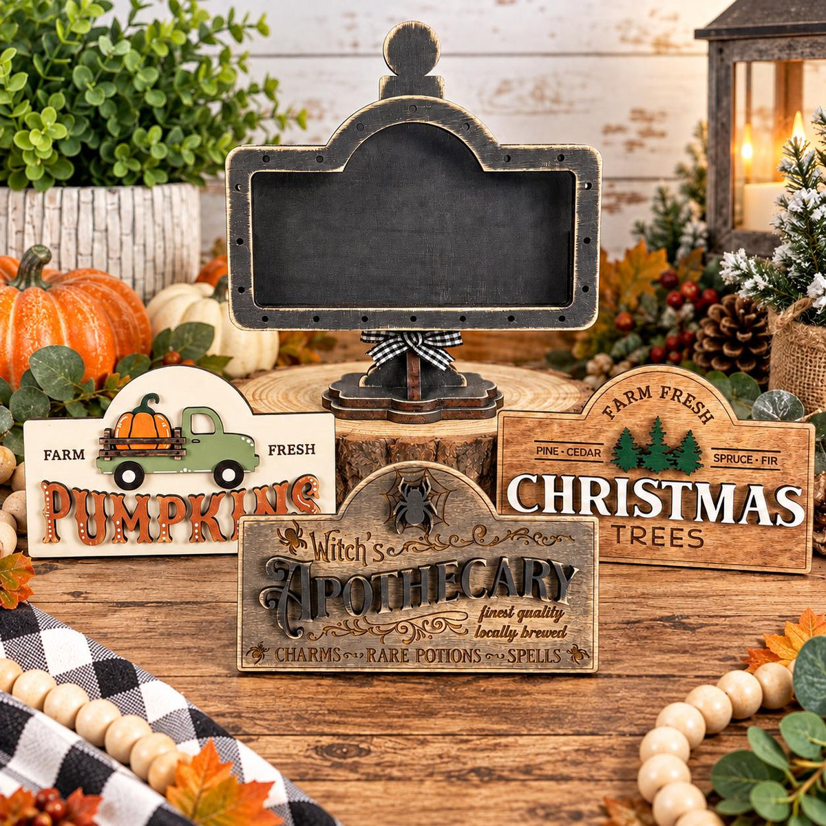 Interchangeable Fall to Christmas Sign Set, Halloween Pumpkin Holiday Inserts, Seasonal Wood Shelf Decor