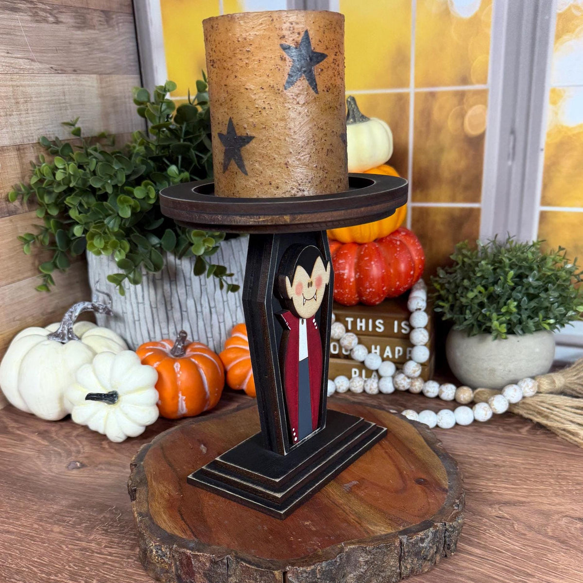 Vampire Candle Holder, Wood Halloween Candle Holder, Dracula Decor, Gothic Mantel Decor