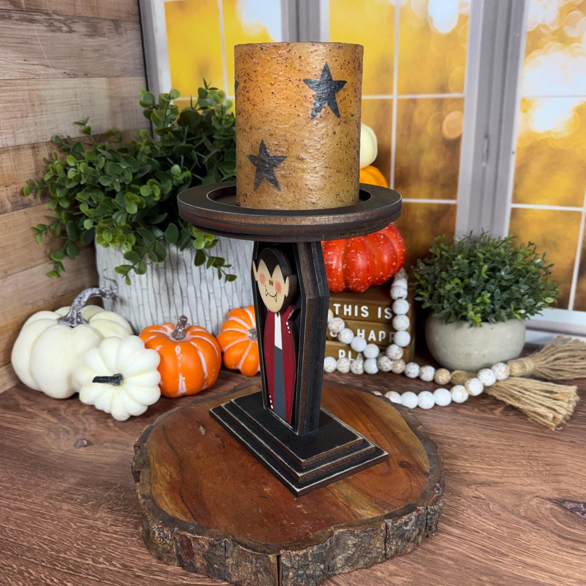 Vampire Candle Holder, Wood Halloween Candle Holder, Dracula Decor, Gothic Mantel Decor