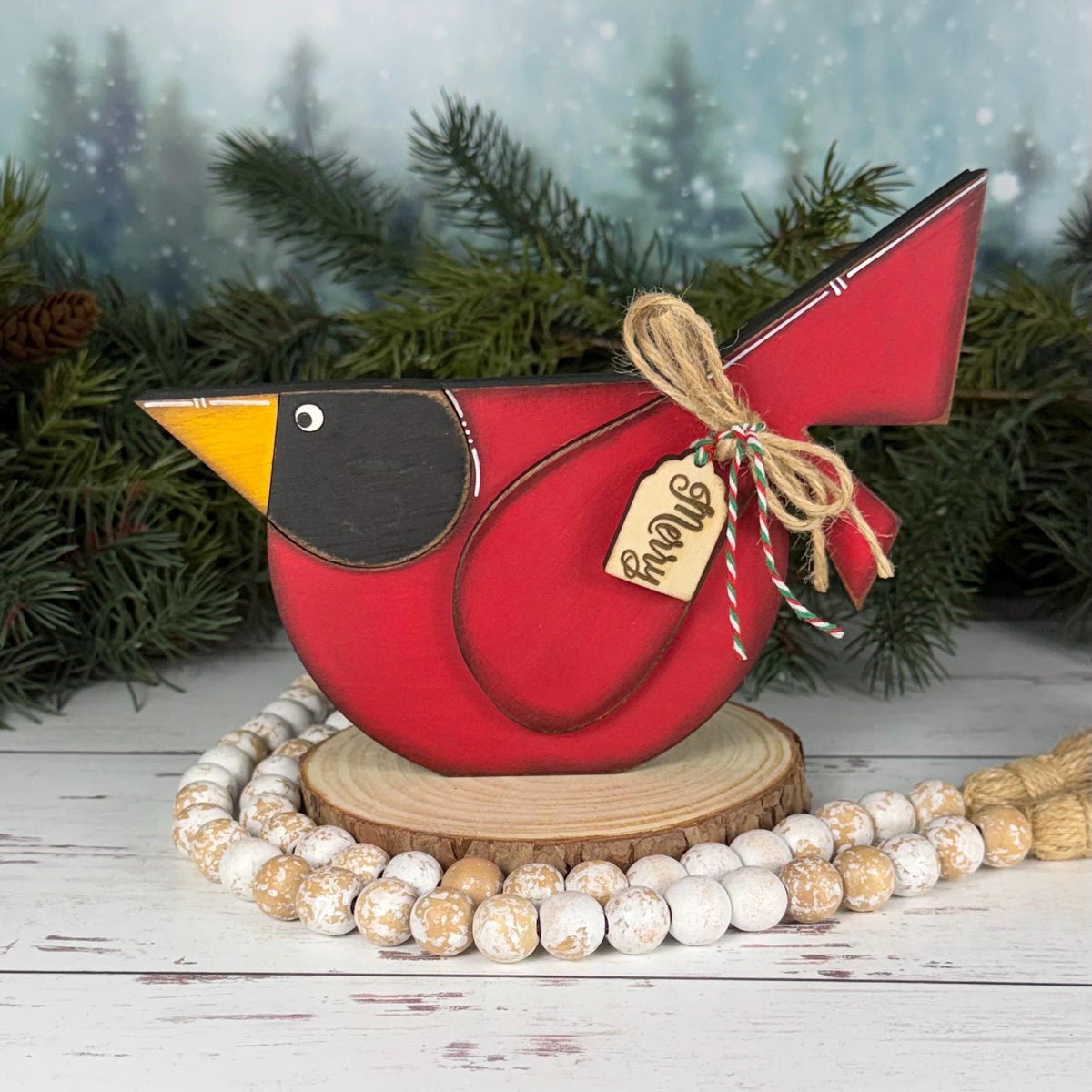 Wooden Cardinal for Christmas with "Merry" Wooden Tag – Perfect Holiday Accent!