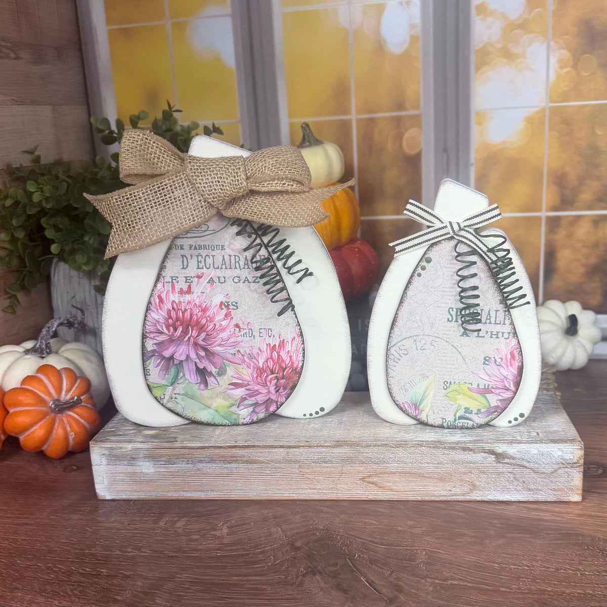 Vintage Floral Wooden Pumpkins - Handmade Fall Shelf Decor