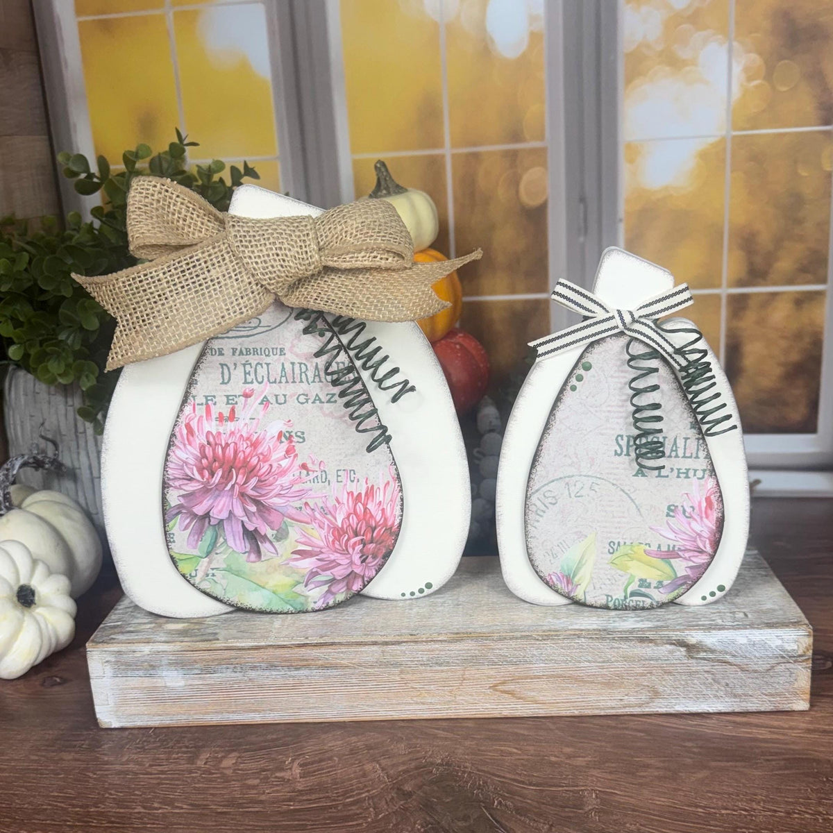 Vintage Floral Wooden Pumpkins - Handmade Fall Shelf Decor