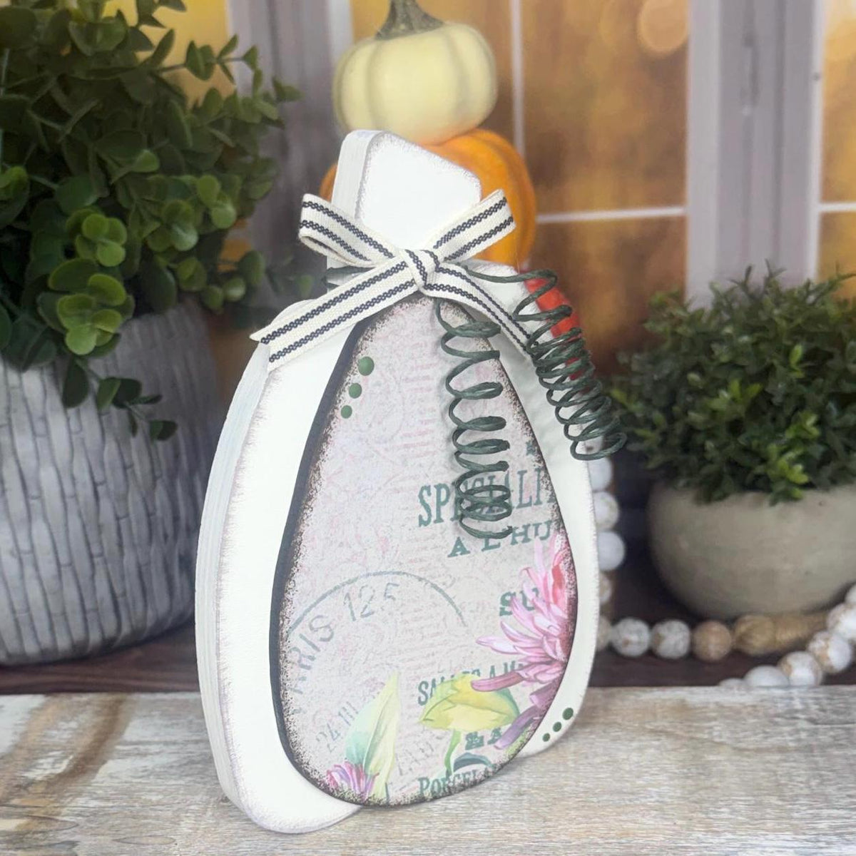 Vintage Floral Wooden Pumpkins - Handmade Fall Shelf Decor