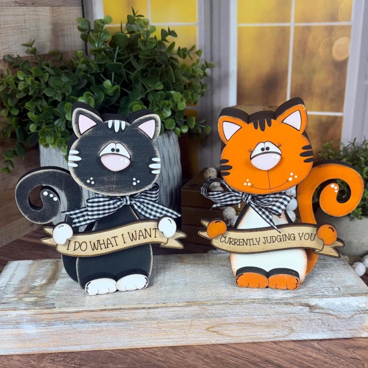 Cat Lover Gift, Personalized Wooden Shelf Sitter, Interchangeable Funny Home Decor, Black or Orange Cat Gift