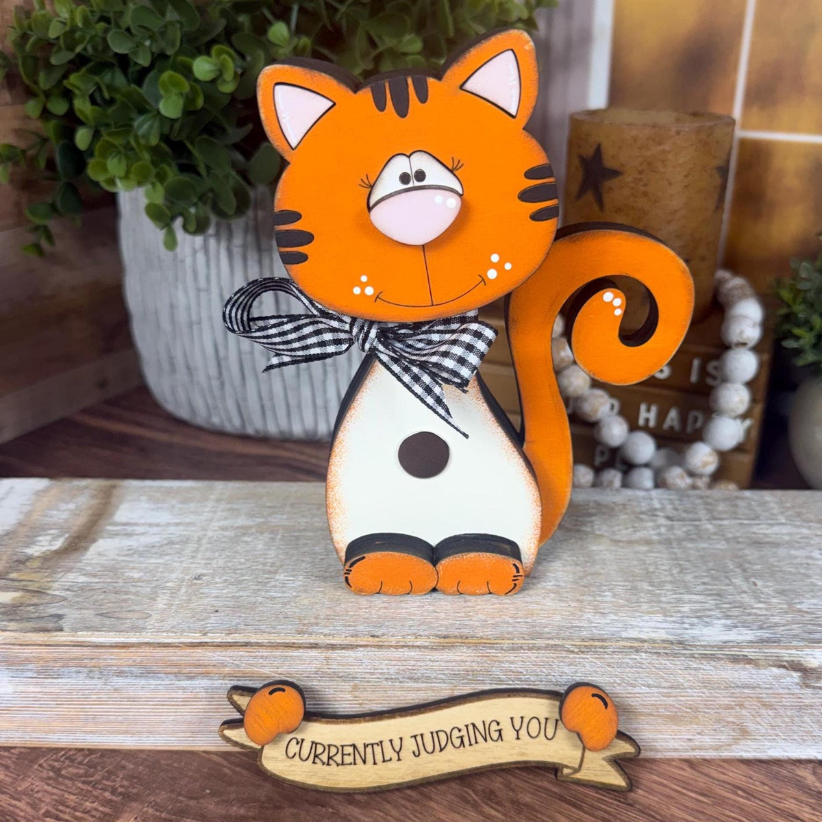 Cat Lover Gift, Personalized Wooden Shelf Sitter, Interchangeable Funny Home Decor, Black or Orange Cat Gift