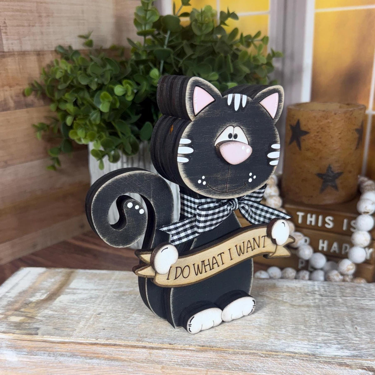Cat Lover Gift, Personalized Wooden Shelf Sitter, Interchangeable Funny Home Decor, Black or Orange Cat Gift