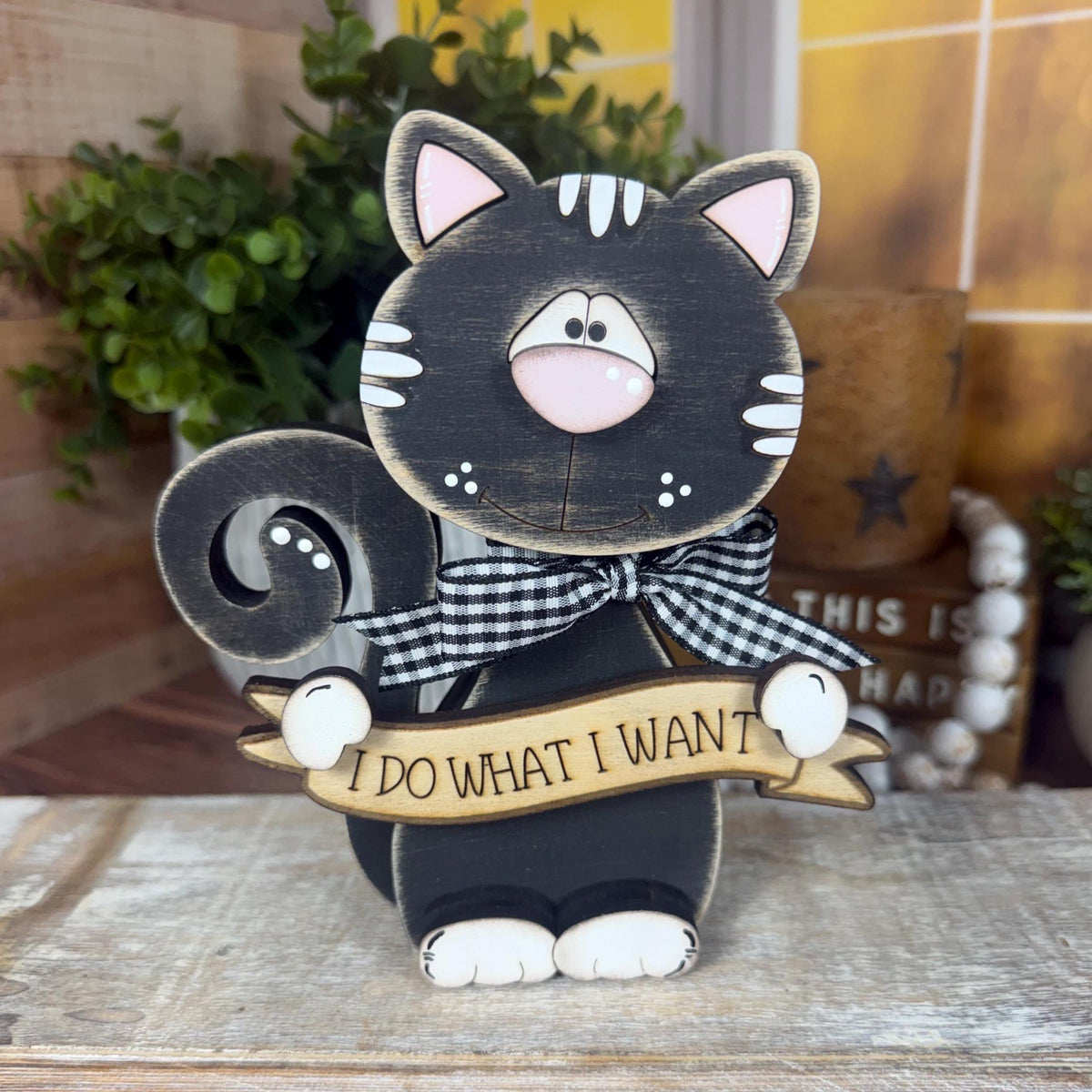 Cat Lover Gift, Personalized Wooden Shelf Sitter, Interchangeable Funny Home Decor, Black or Orange Cat Gift