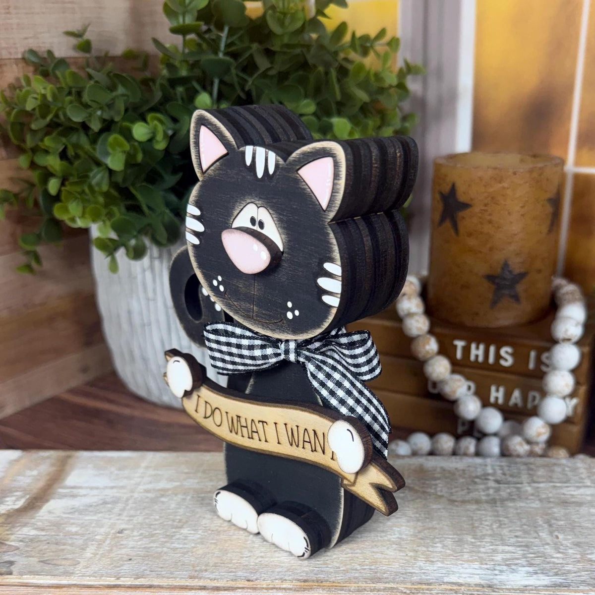 Cat Lover Gift, Personalized Wooden Shelf Sitter, Interchangeable Funny Home Decor, Black or Orange Cat Gift