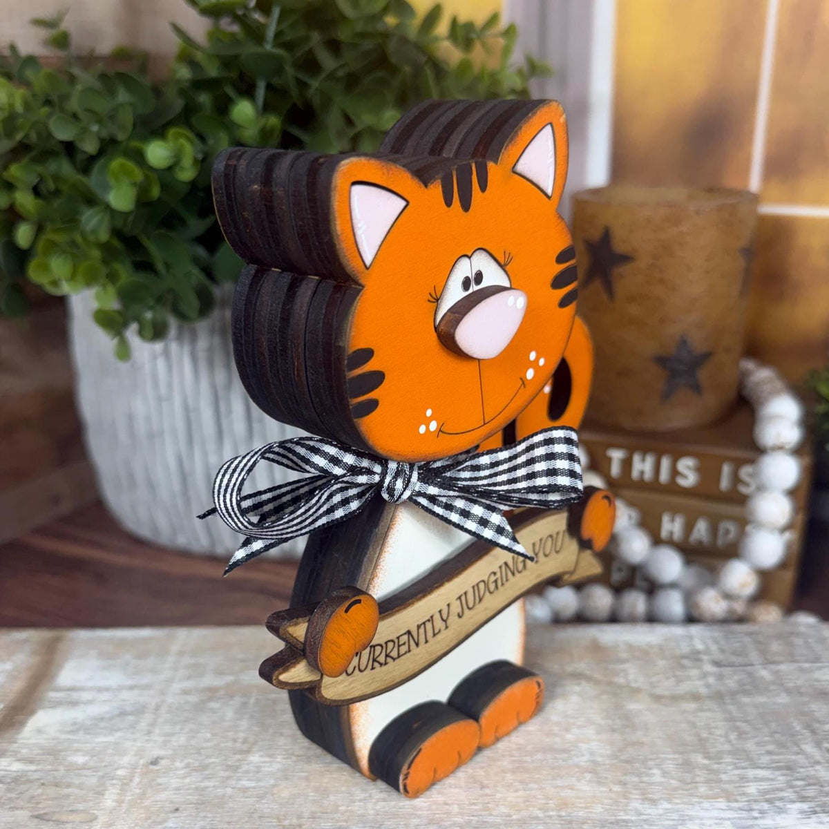 Cat Lover Gift, Personalized Wooden Shelf Sitter, Interchangeable Funny Home Decor, Black or Orange Cat Gift