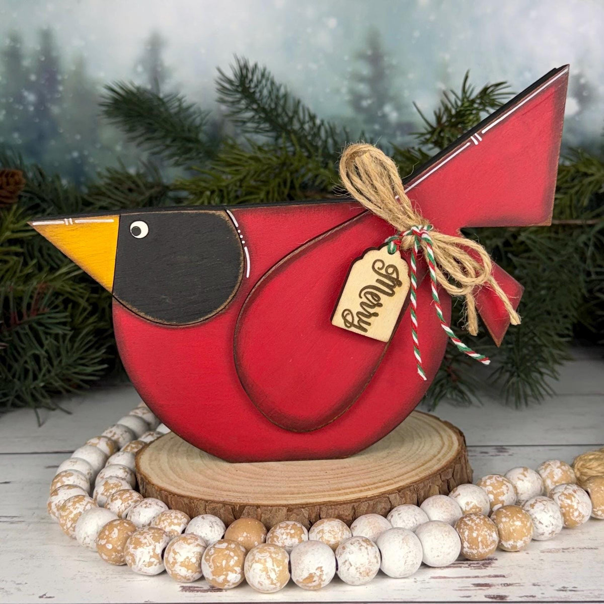 Wooden Cardinal for Christmas with "Merry" Wooden Tag – Perfect Holiday Accent!