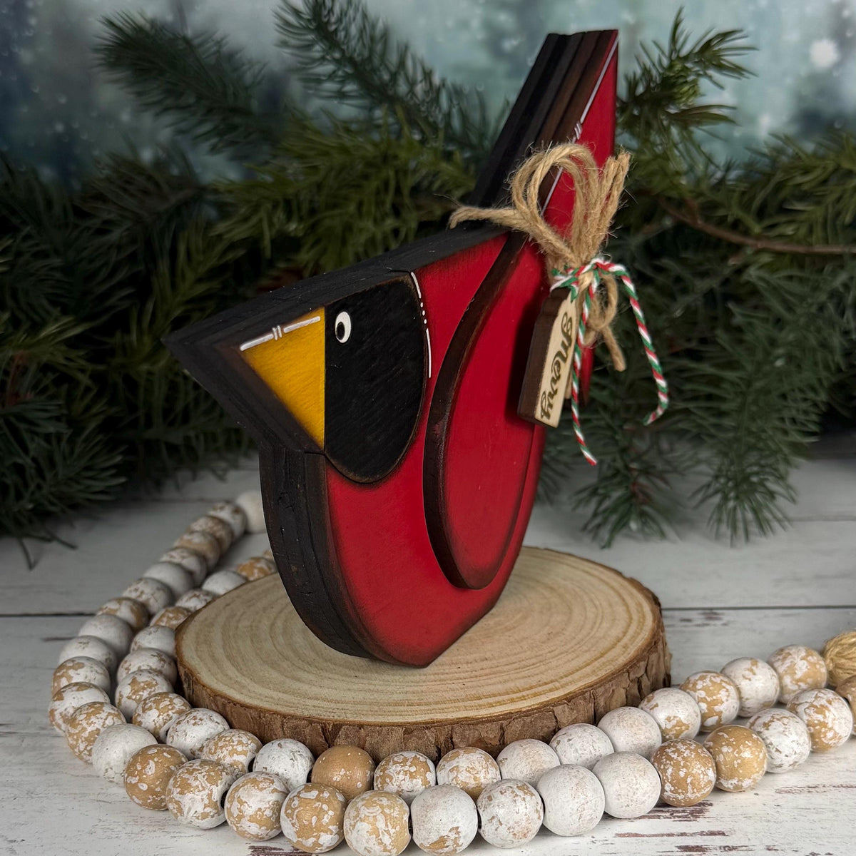 Wooden Cardinal for Christmas with "Merry" Wooden Tag – Perfect Holiday Accent!