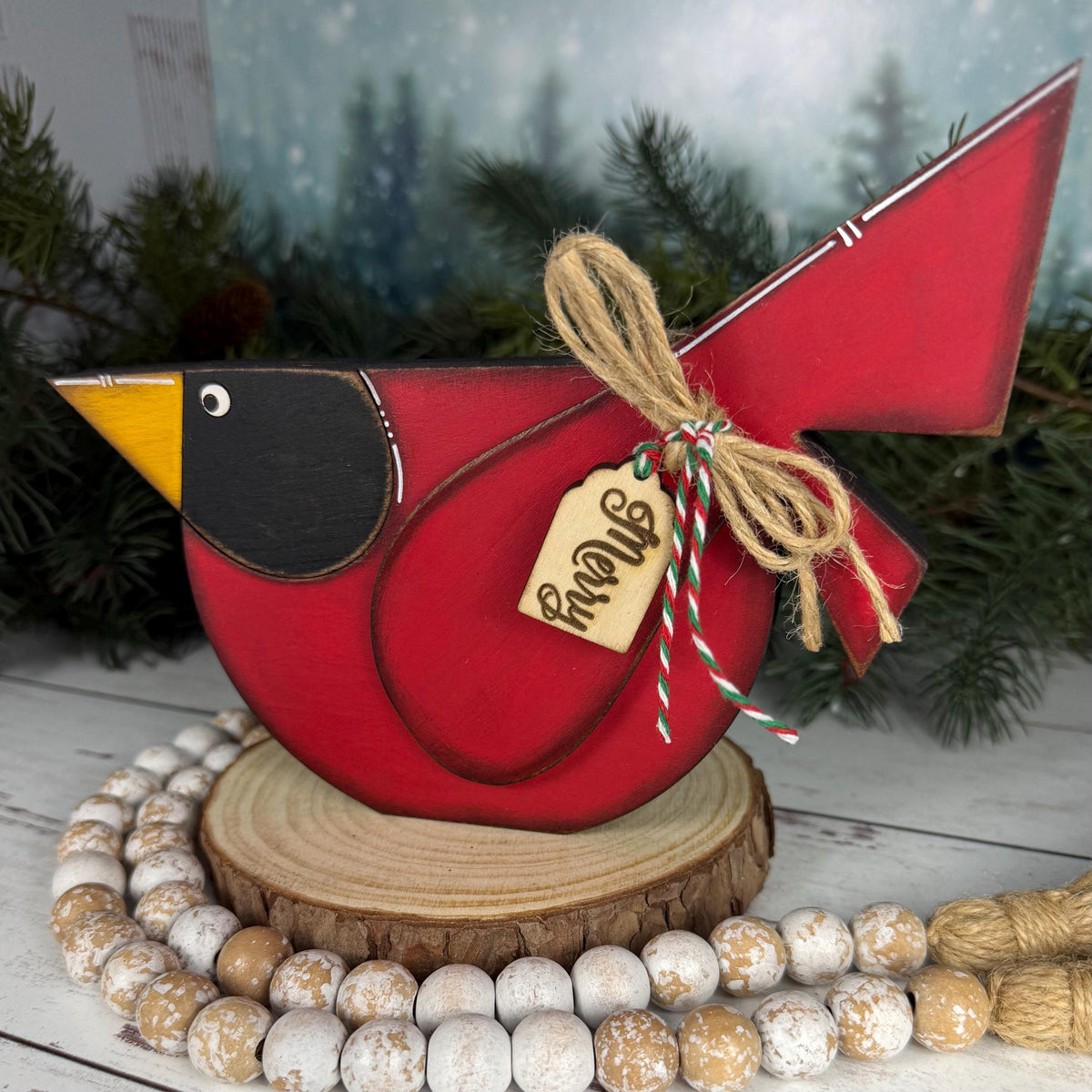 Wooden Cardinal for Christmas with "Merry" Wooden Tag – Perfect Holiday Accent!