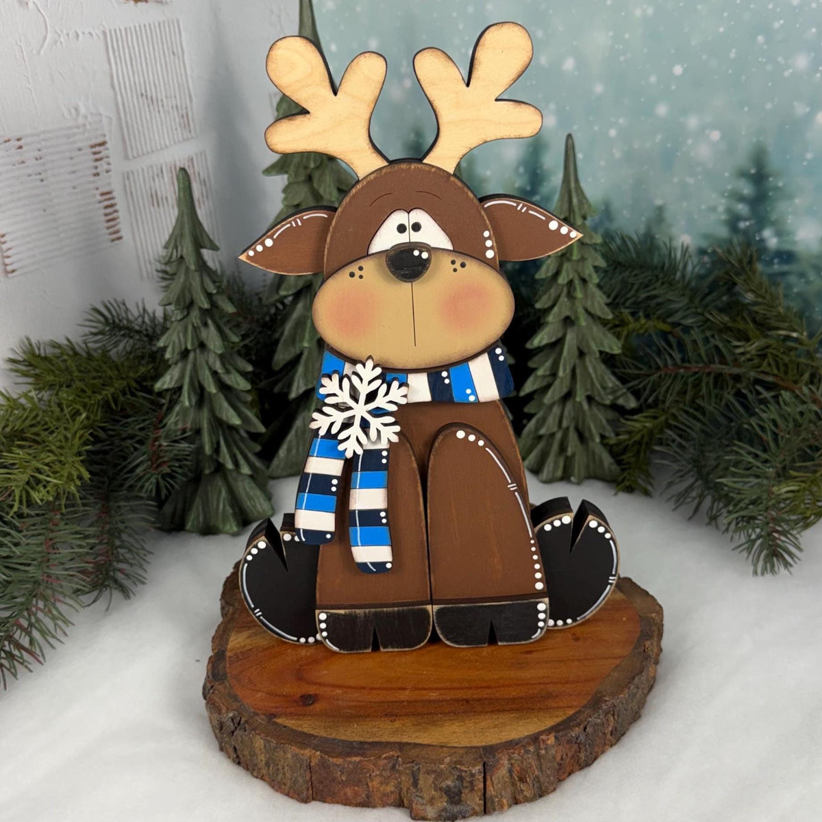 Wooden Reindeer Shelf Sitter, Hand Painted Winter Decor, Blue and White Scarf