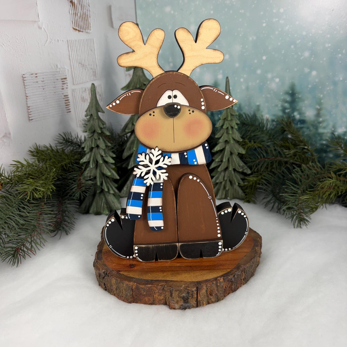 Wooden Reindeer Shelf Sitter, Hand Painted Winter Decor, Blue and White Scarf