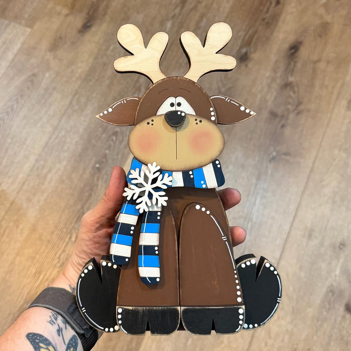Wooden Reindeer Shelf Sitter, Hand Painted Winter Decor, Blue and White Scarf