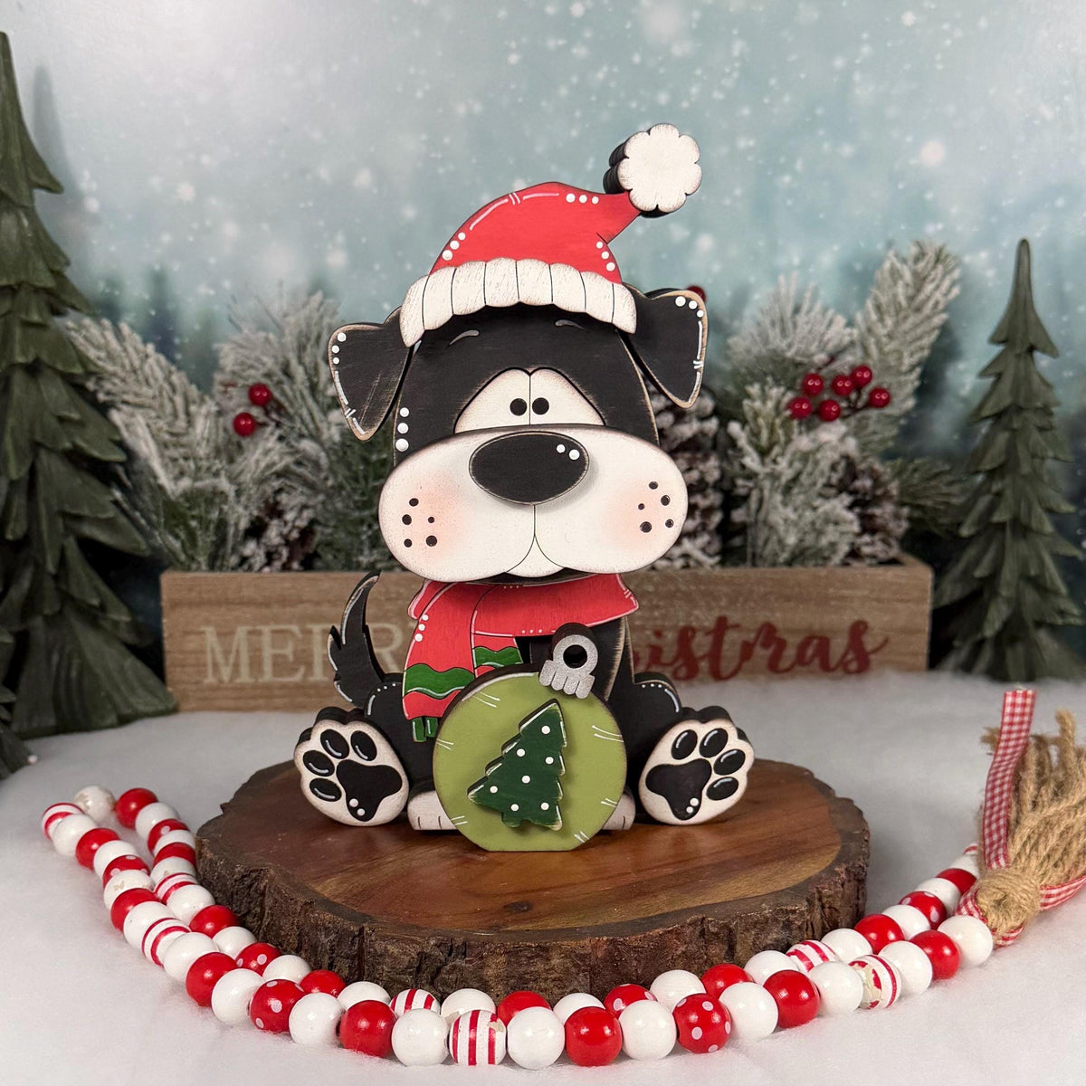 Christmas Dog Shelf Sitter | Hand-Painted Chunky Wooden Holiday Decor