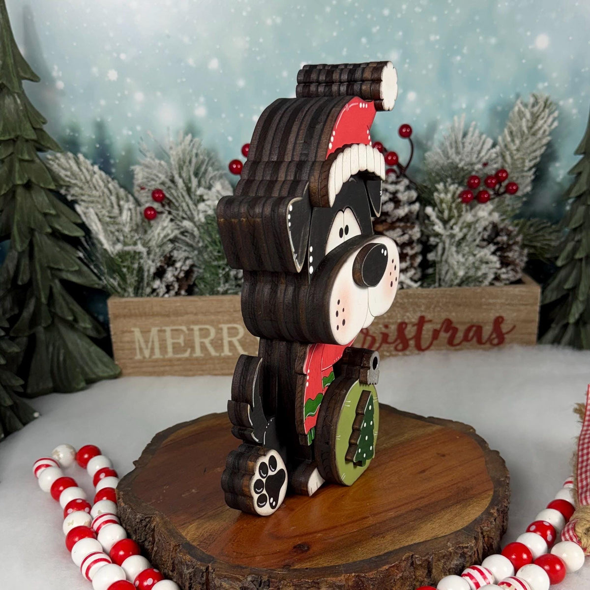 Christmas Dog Shelf Sitter | Hand-Painted Chunky Wooden Holiday Decor