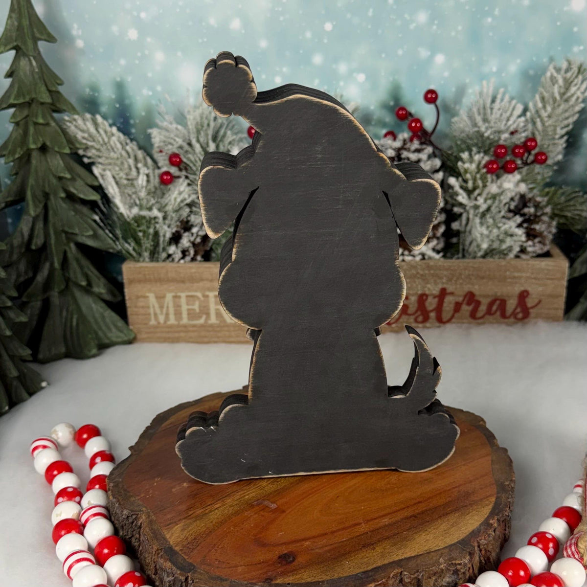 Christmas Dog Shelf Sitter | Hand-Painted Chunky Wooden Holiday Decor