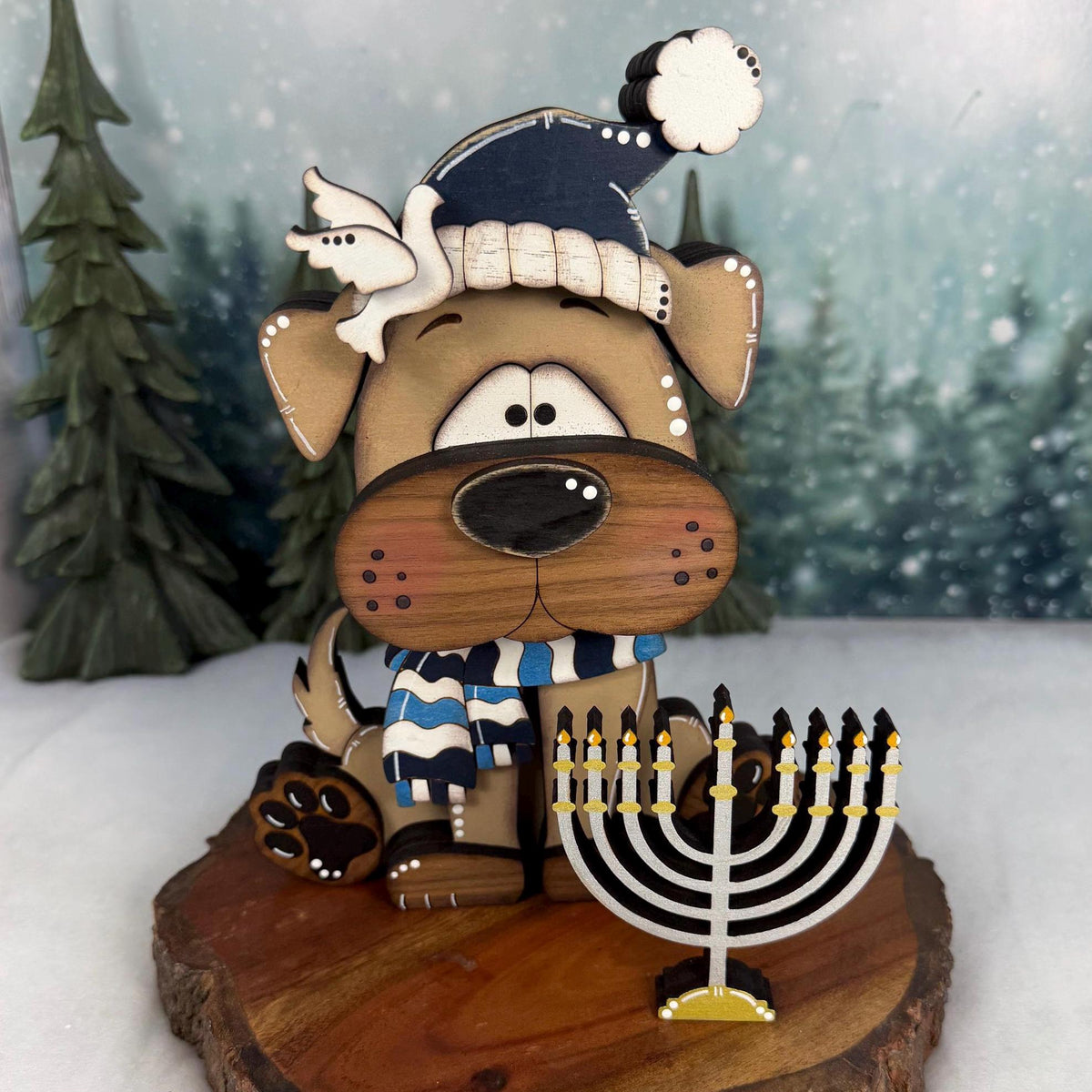 Hanukkah Dog Shelf Sitter, Wooden Dog Decor with Menorah or Dreidel, Handmade Jewish Holiday Decoration