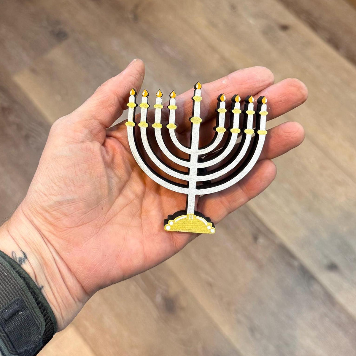 Hanukkah Dog Shelf Sitter, Wooden Dog Decor with Menorah or Dreidel, Handmade Jewish Holiday Decoration