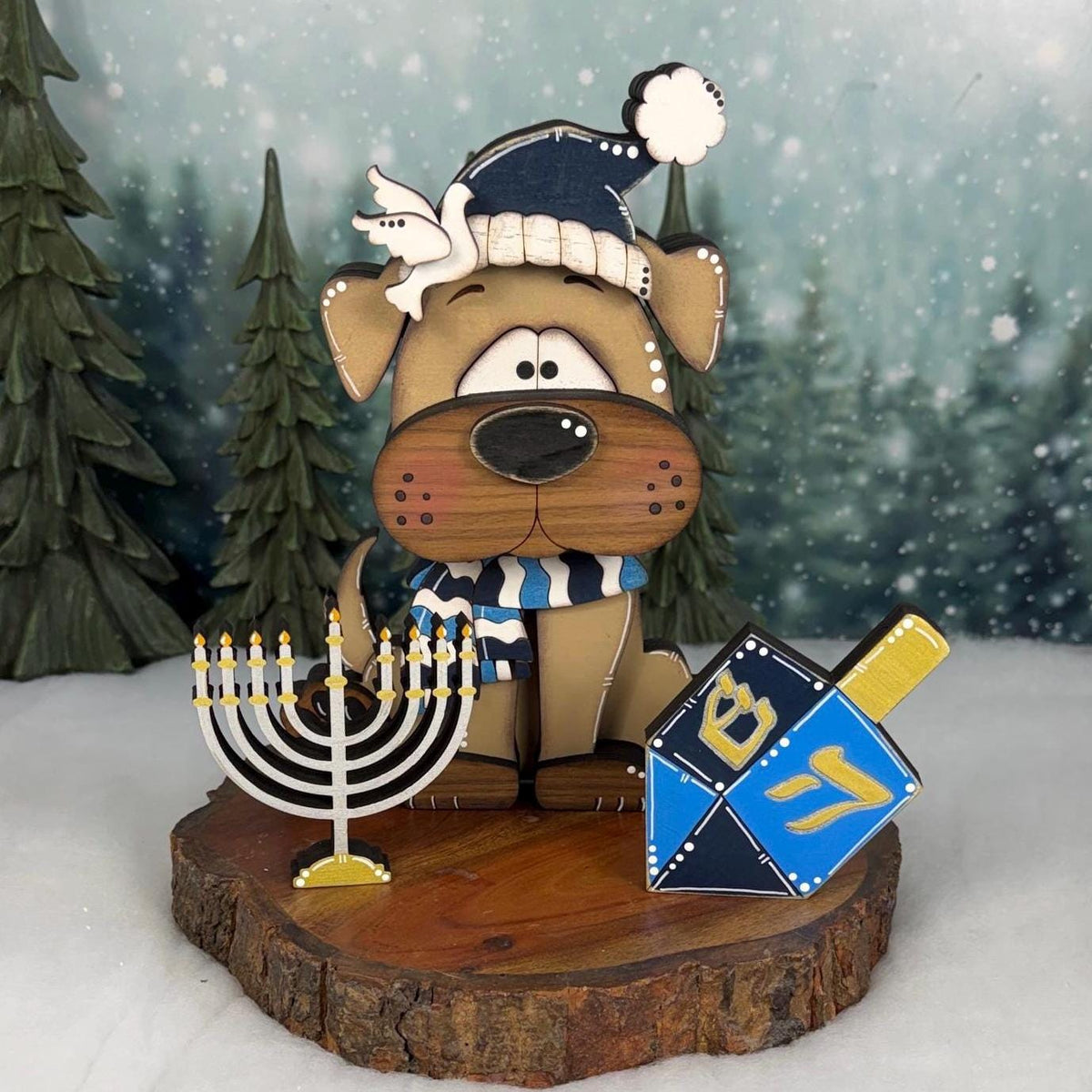 Hanukkah Dog Shelf Sitter, Wooden Dog Decor with Menorah or Dreidel, Handmade Jewish Holiday Decoration