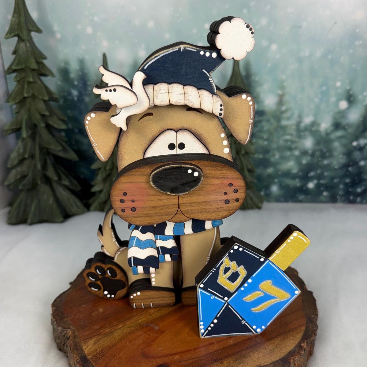Hanukkah Dog Shelf Sitter, Wooden Dog Decor with Menorah or Dreidel, Handmade Jewish Holiday Decoration