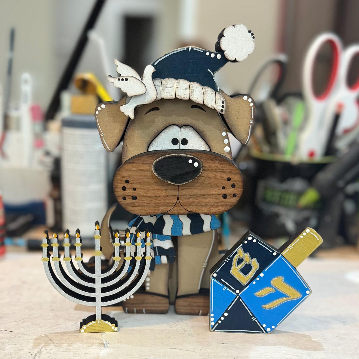 Hanukkah Dog Shelf Sitter, Wooden Dog Decor with Menorah or Dreidel, Handmade Jewish Holiday Decoration