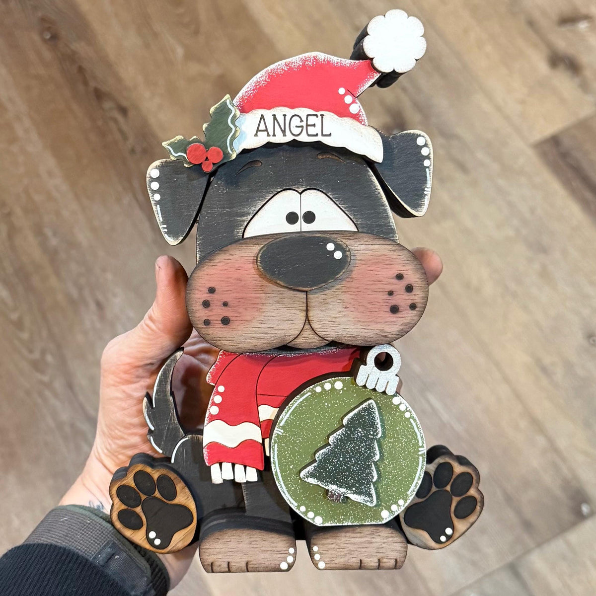 Christmas Dog Shelf Sitter | Hand-Painted Chunky Wooden Holiday Decor